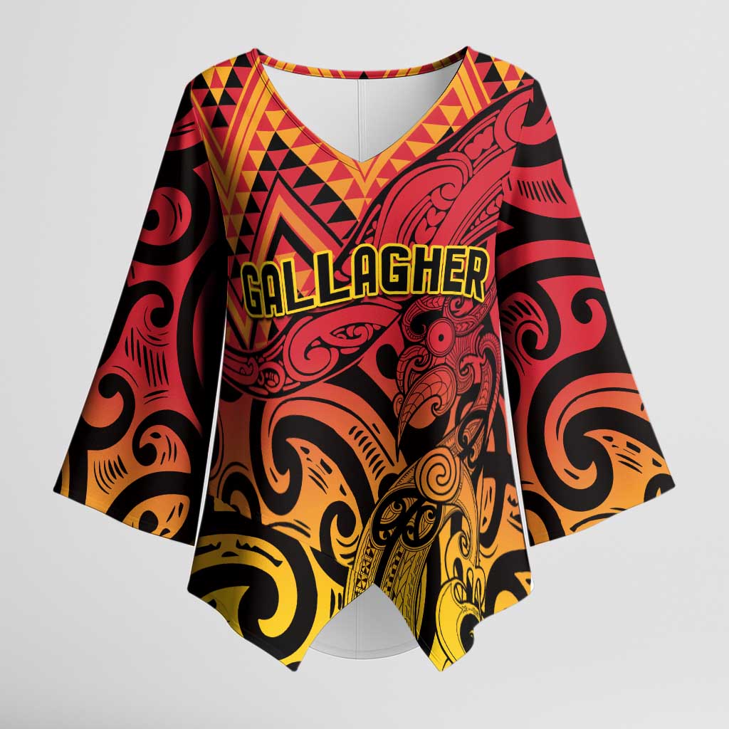 New Zealand Rangatira Custom Kimono Sleeve Blouse Red and Gold Niho Taniwha Maori Tribal LT9 Female Gold - Polynesian Pride