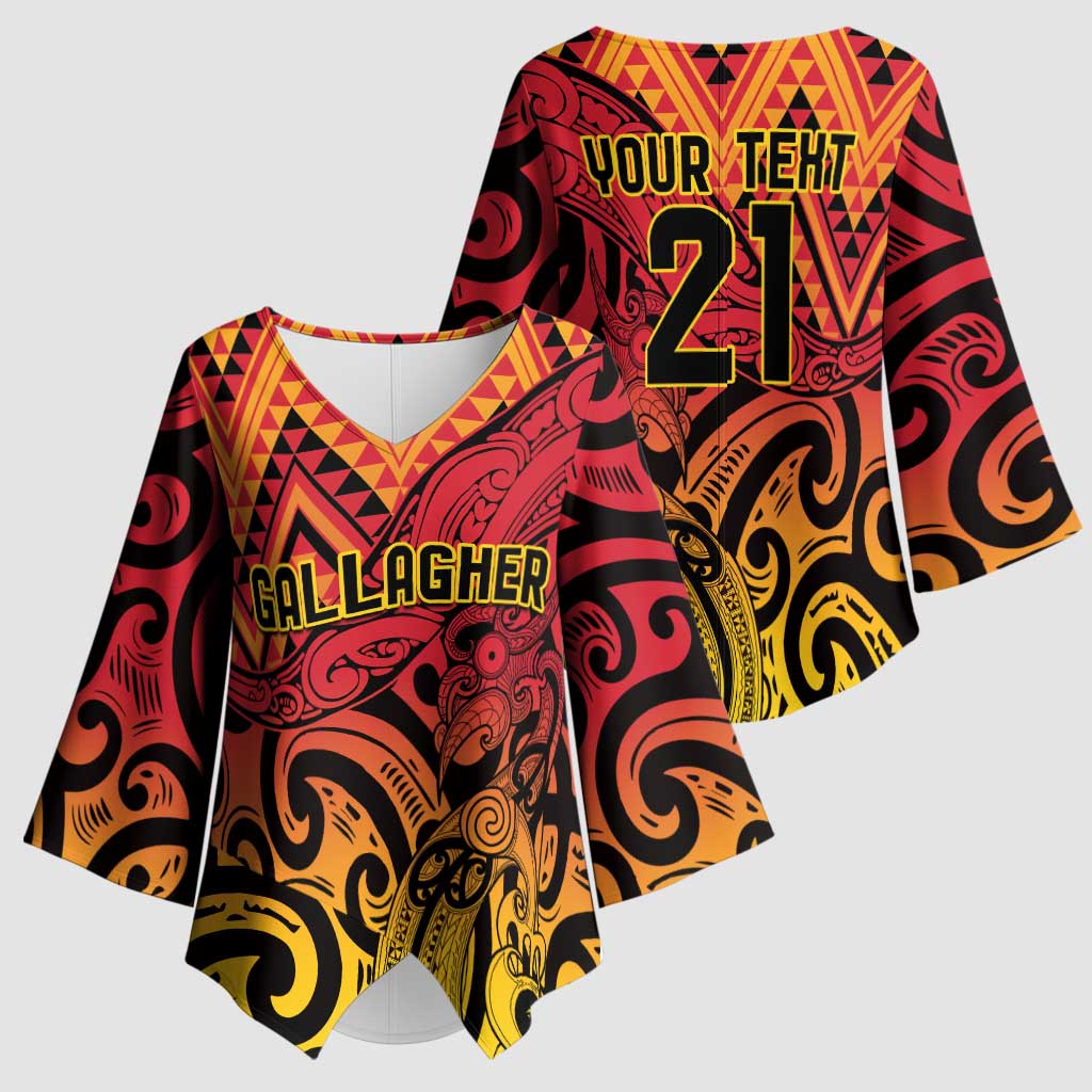New Zealand Rangatira Custom Kimono Sleeve Blouse Red and Gold Niho Taniwha Maori Tribal LT9 - Polynesian Pride