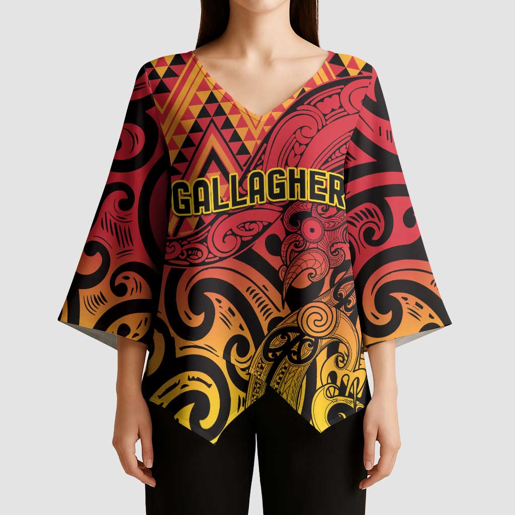 New Zealand Rangatira Custom Kimono Sleeve Blouse Red and Gold Niho Taniwha Maori Tribal LT9 - Polynesian Pride