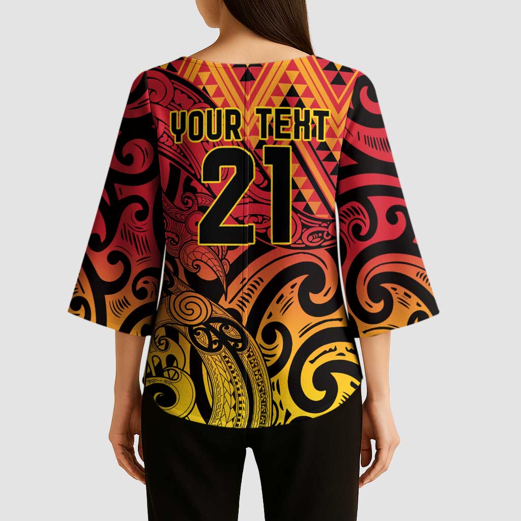 New Zealand Rangatira Custom Kimono Sleeve Blouse Red and Gold Niho Taniwha Maori Tribal LT9 - Polynesian Pride