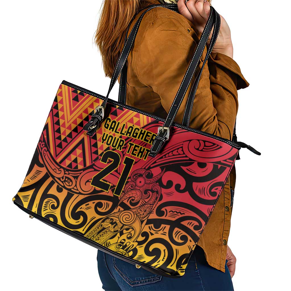 New Zealand Rangatira Custom Leather Tote Bag Red and Gold Niho Taniwha Maori Tribal