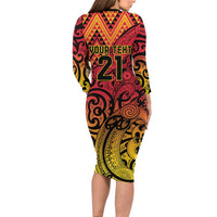 New Zealand Rangatira Custom Long Sleeve Bodycon Dress Red and Gold Niho Taniwha Maori Tribal LT9 - Polynesian Pride
