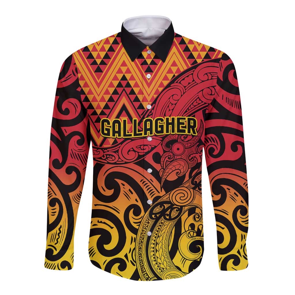 New Zealand Rangatira Custom Long Sleeve Button Shirt Red and Gold Niho Taniwha Maori Tribal LT9 Unisex Gold - Polynesian Pride