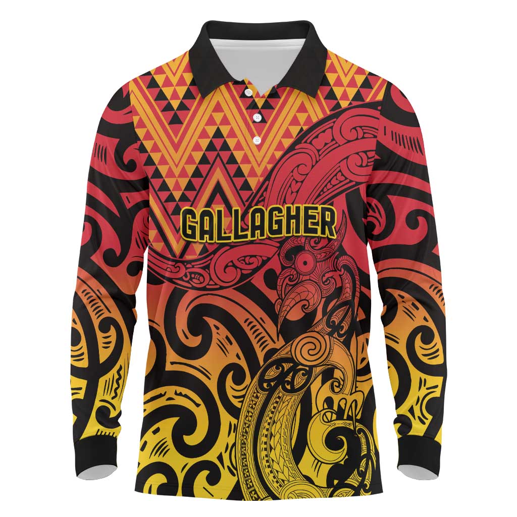 New Zealand Rangatira Custom Long Sleeve Polo Shirt Red and Gold Niho Taniwha Maori Tribal LT9 Gold - Polynesian Pride