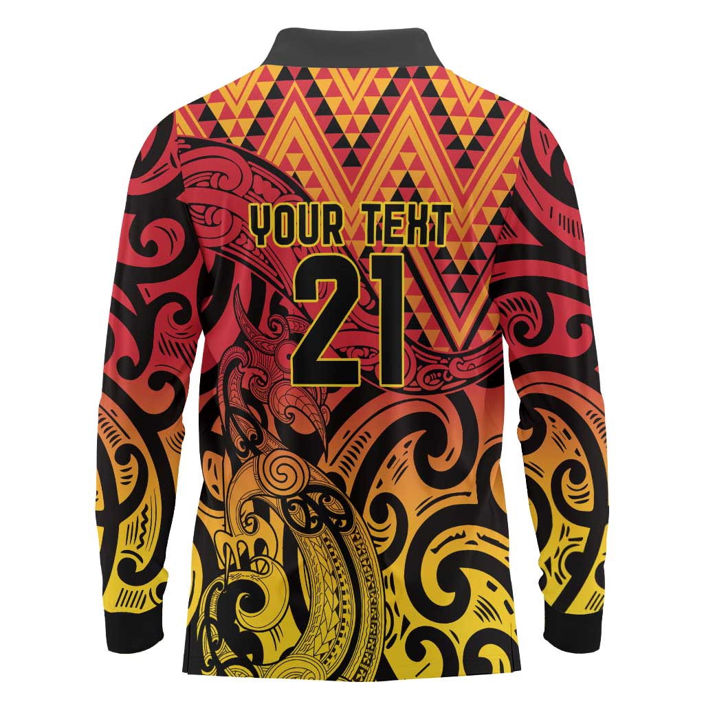 New Zealand Rangatira Custom Long Sleeve Polo Shirt Red and Gold Niho Taniwha Maori Tribal LT9 - Polynesian Pride