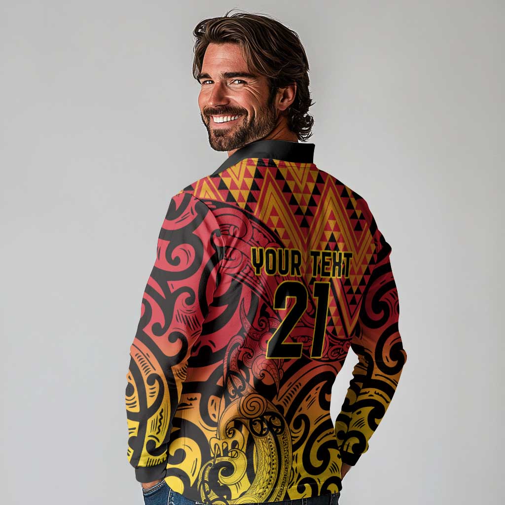 New Zealand Rangatira Custom Long Sleeve Polo Shirt Red and Gold Niho Taniwha Maori Tribal LT9 - Polynesian Pride