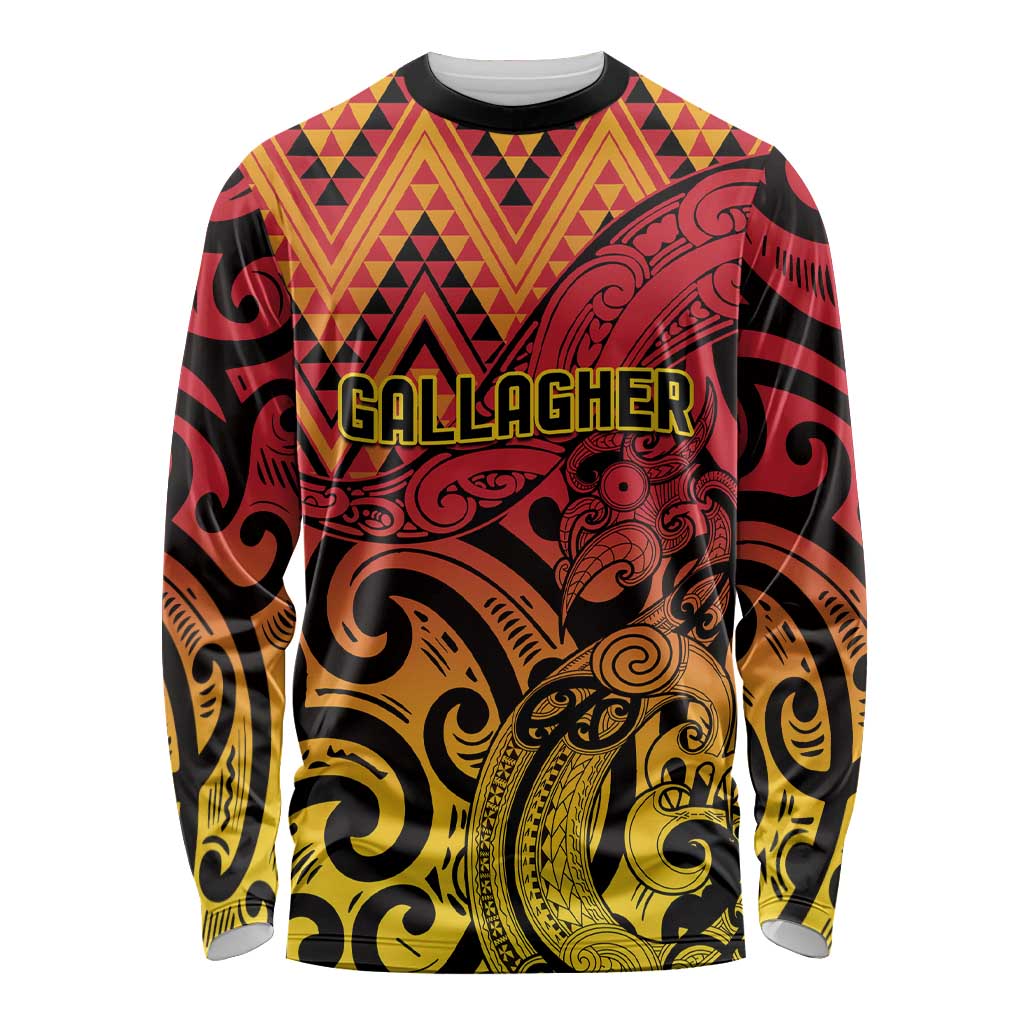 New Zealand Rangatira Custom Long Sleeve Shirt Red and Gold Niho Taniwha Maori Tribal LT9 Unisex Gold - Polynesian Pride