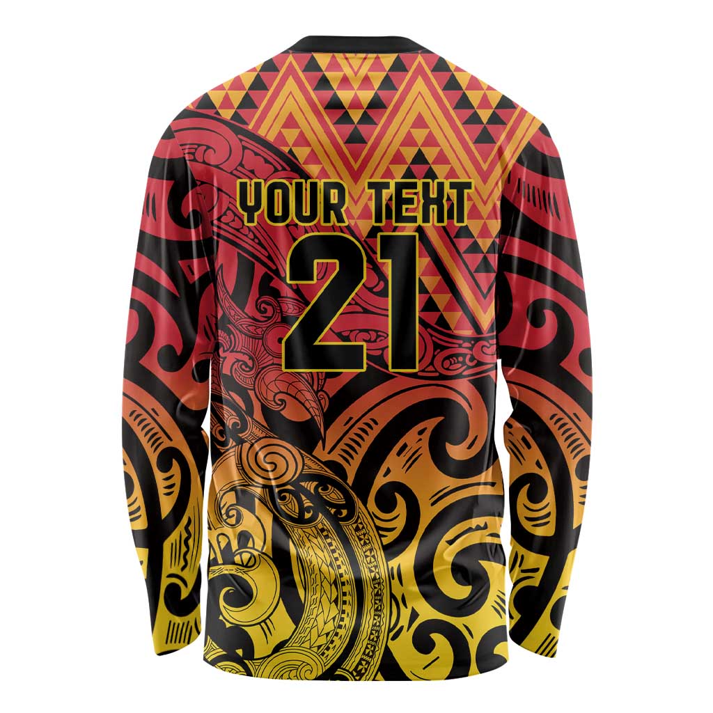 New Zealand Rangatira Custom Long Sleeve Shirt Red and Gold Niho Taniwha Maori Tribal LT9 - Polynesian Pride