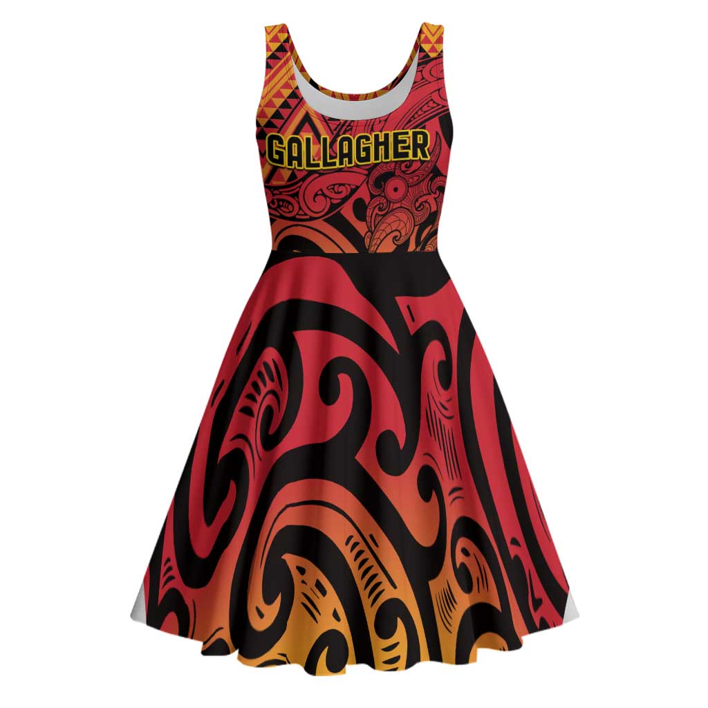 New Zealand Rangatira Custom Midi Dress Red and Gold Niho Taniwha Maori Tribal - Polynesian Pride