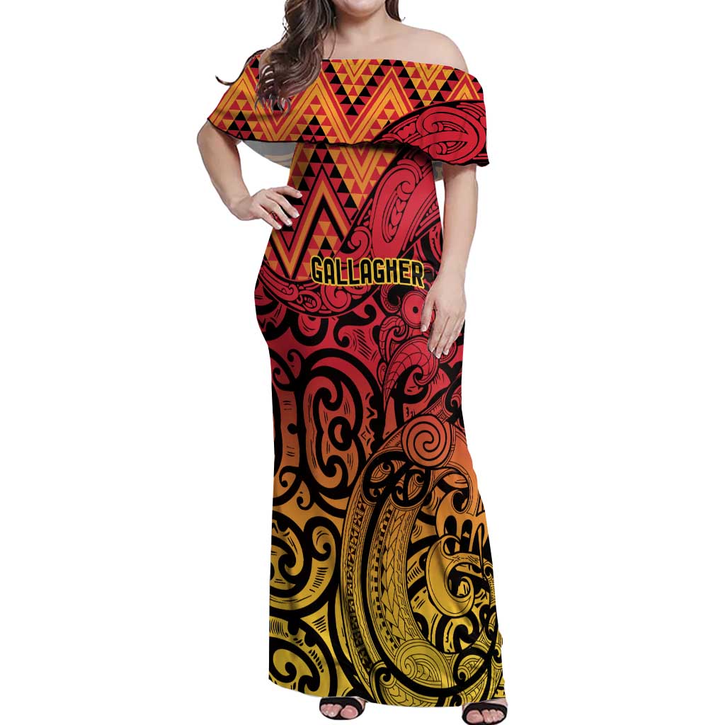 New Zealand Rangatira Custom Off Shoulder Maxi Dress Red and Gold Niho Taniwha Maori Tribal LT9 Women Gold - Polynesian Pride