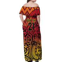 New Zealand Rangatira Custom Off Shoulder Maxi Dress Red and Gold Niho Taniwha Maori Tribal LT9 - Polynesian Pride
