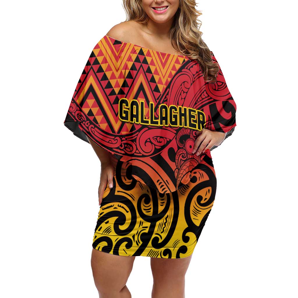 New Zealand Rangatira Custom Off Shoulder Short Dress Red and Gold Niho Taniwha Maori Tribal LT9 Women Gold - Polynesian Pride