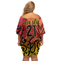 New Zealand Rangatira Custom Off Shoulder Short Dress Red and Gold Niho Taniwha Maori Tribal LT9 - Polynesian Pride
