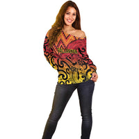 New Zealand Rangatira Custom Off Shoulder Sweater Red and Gold Niho Taniwha Maori Tribal LT9 - Polynesian Pride