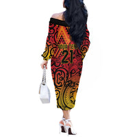 New Zealand Rangatira Custom Off The Shoulder Long Sleeve Dress Red and Gold Niho Taniwha Maori Tribal LT9 - Polynesian Pride