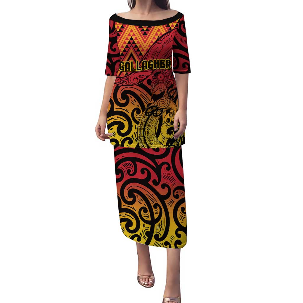 New Zealand Rangatira Custom Puletasi Red and Gold Niho Taniwha Maori Tribal LT9 Long Dress Gold - Polynesian Pride