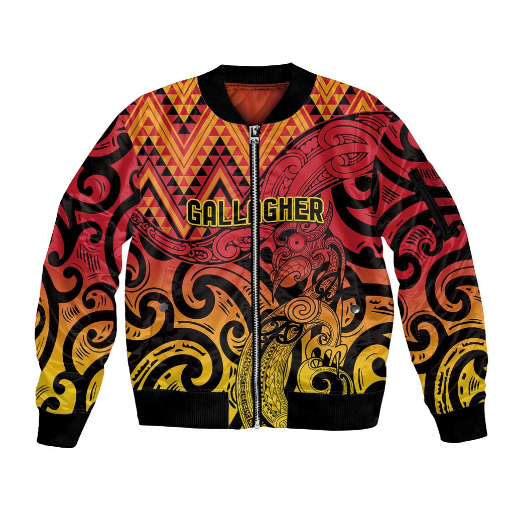 New Zealand Rangatira Custom Sleeve Zip Bomber Jacket Red and Gold Niho Taniwha Maori Tribal LT9 Unisex Gold - Polynesian Pride