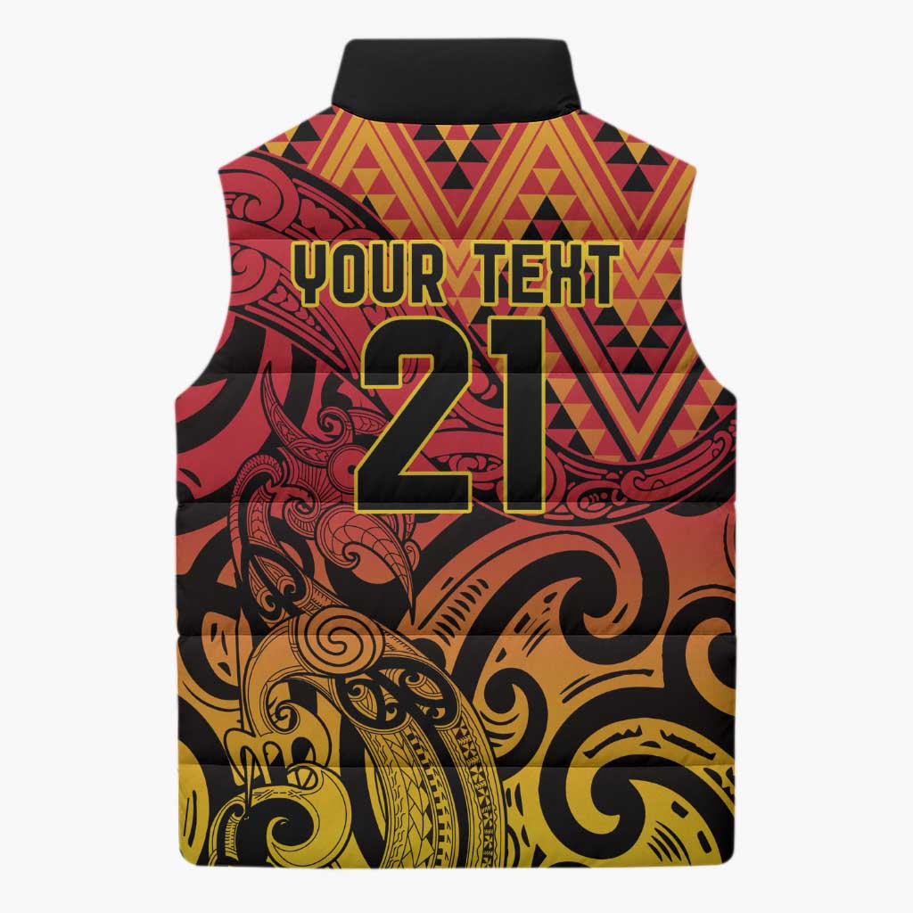 New Zealand Rangatira Custom Sleeveless Puffer Jacket Red and Gold Niho Taniwha Maori Tribal - Polynesian Pride