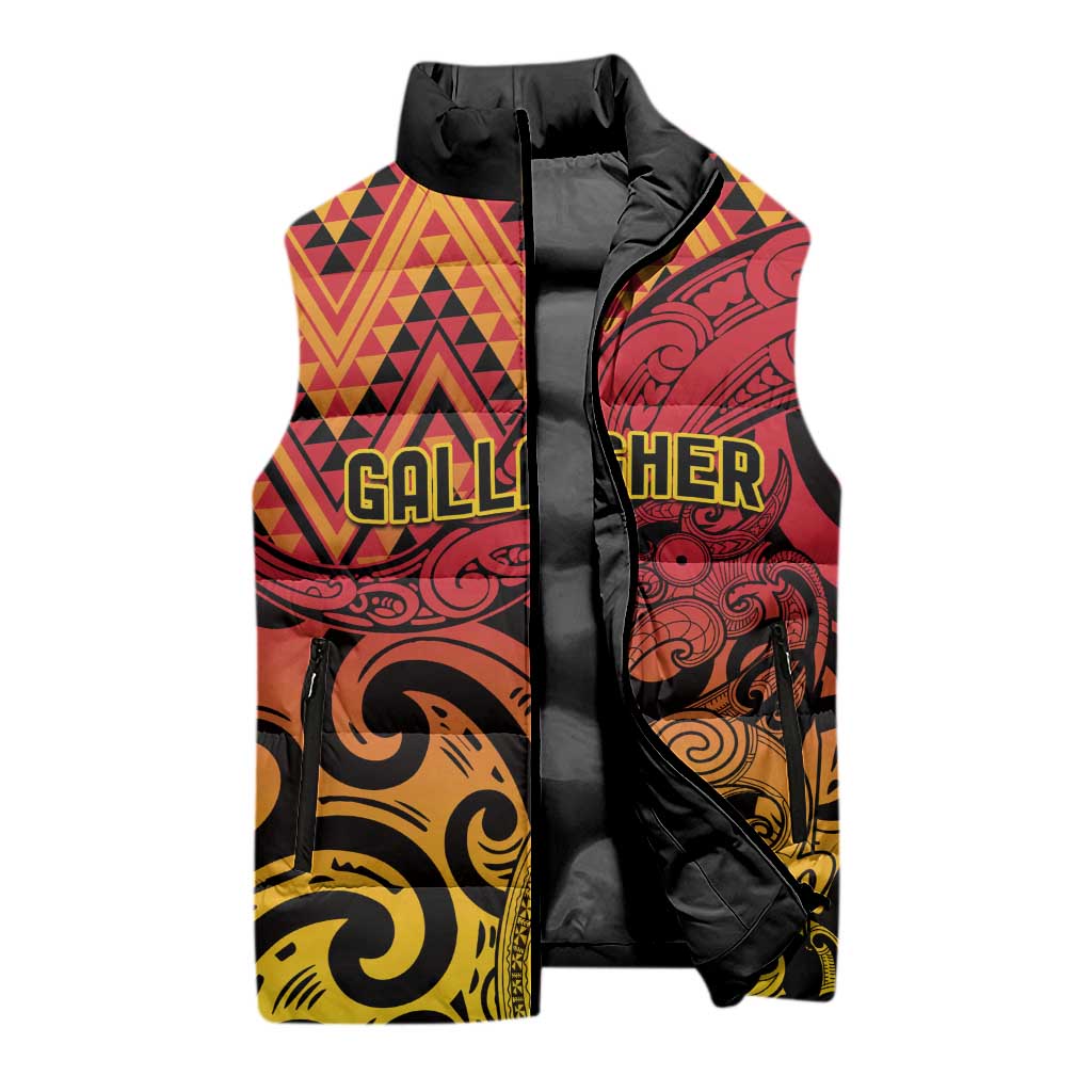 New Zealand Rangatira Custom Sleeveless Puffer Jacket Red and Gold Niho Taniwha Maori Tribal - Polynesian Pride
