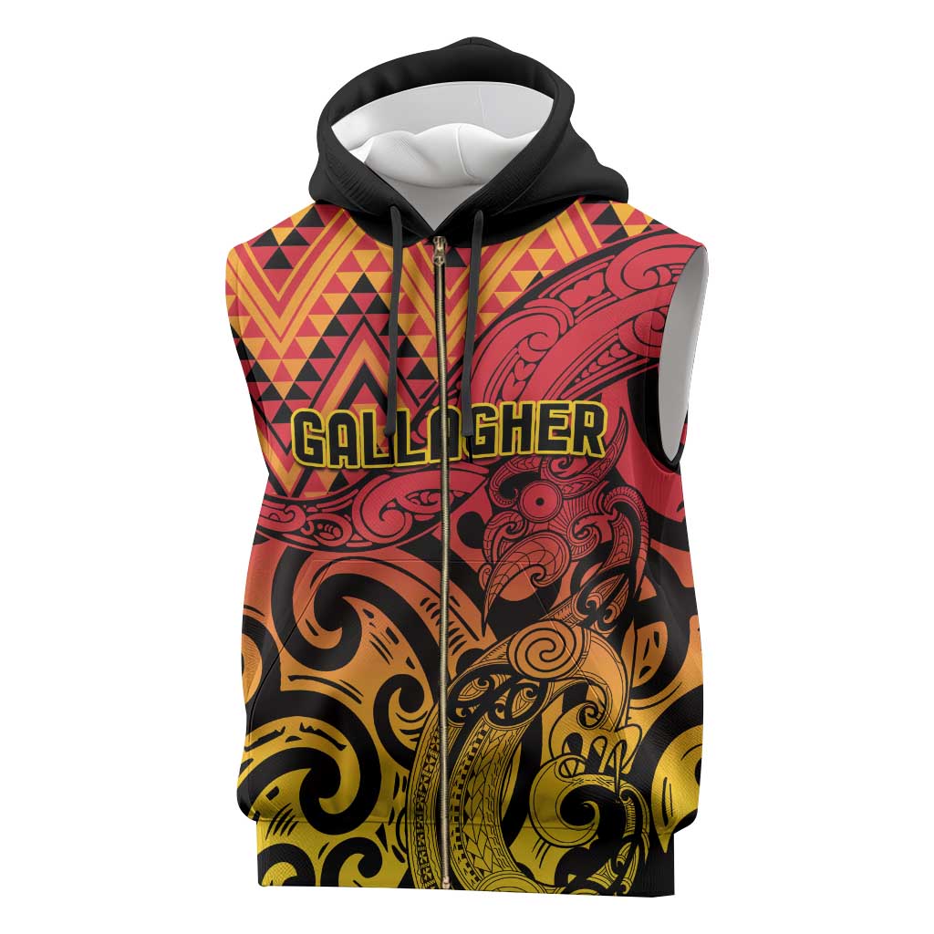 New Zealand Rangatira Custom Sleeveless Zip Hoodie Red and Gold Niho Taniwha Maori Tribal - Polynesian Pride