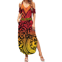 New Zealand Rangatira Custom Summer Maxi Dress Red and Gold Niho Taniwha Maori Tribal LT9 Women Gold - Polynesian Pride