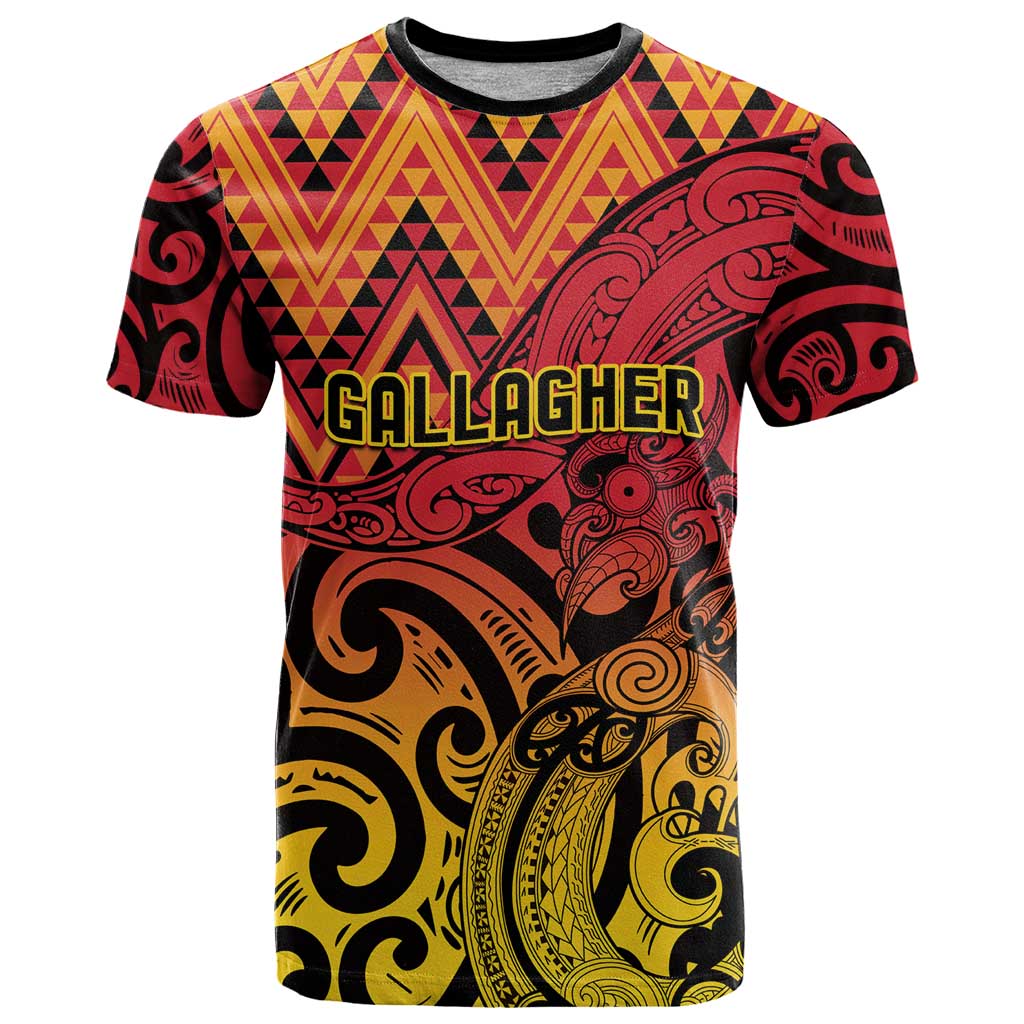 New Zealand Rangatira Custom T Shirt Red and Gold Niho Taniwha Maori Tribal LT9 Gold - Polynesian Pride