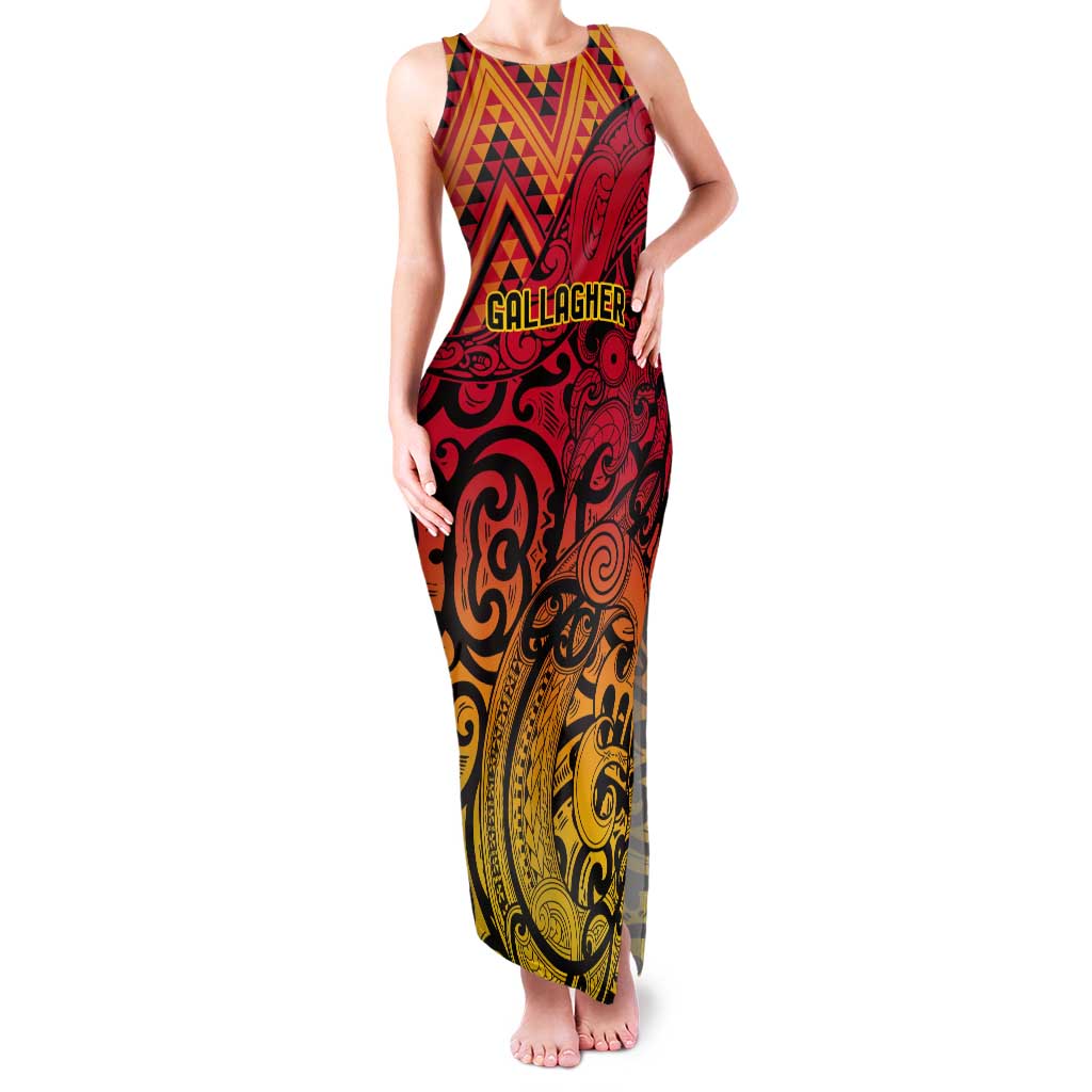 New Zealand Rangatira Custom Tank Maxi Dress Red and Gold Niho Taniwha Maori Tribal LT9 Women Gold - Polynesian Pride
