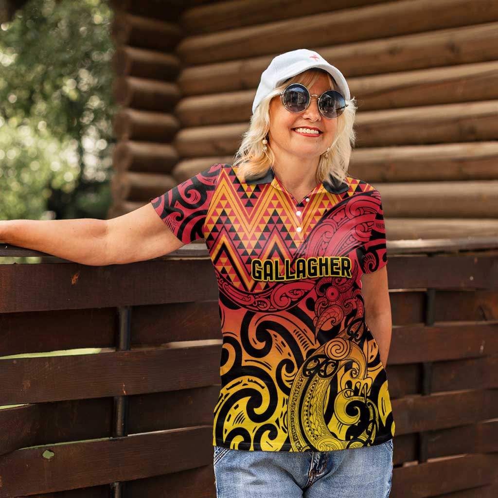 New Zealand Rangatira Custom Women Polo Shirt Red and Gold Niho Taniwha Maori Tribal LT9 - Polynesian Pride