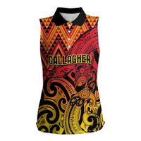 New Zealand Rangatira Custom Women Sleeveless Polo Shirt Red and Gold Niho Taniwha Maori Tribal LT9 Female Gold - Polynesian Pride