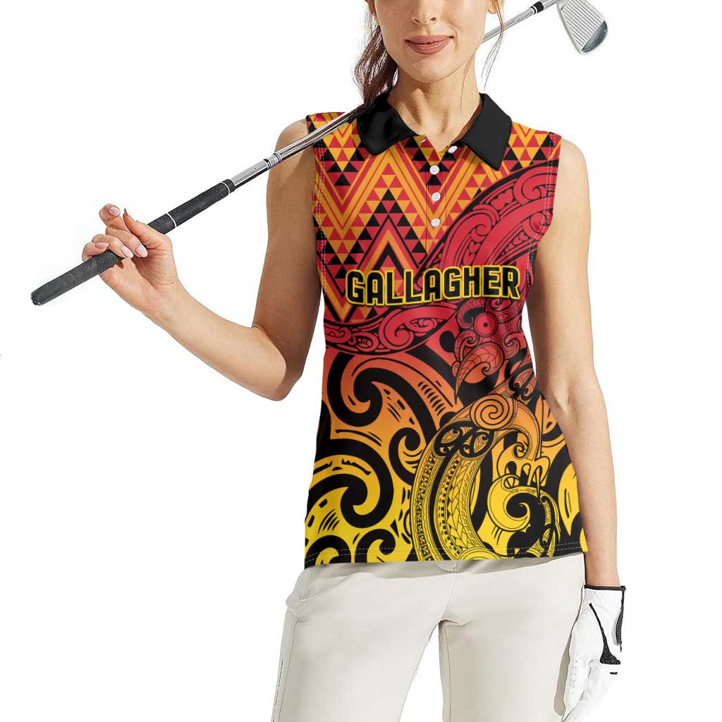 New Zealand Rangatira Custom Women Sleeveless Polo Shirt Red and Gold Niho Taniwha Maori Tribal LT9 - Polynesian Pride