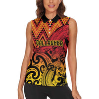 New Zealand Rangatira Custom Women Sleeveless Polo Shirt Red and Gold Niho Taniwha Maori Tribal LT9 - Polynesian Pride
