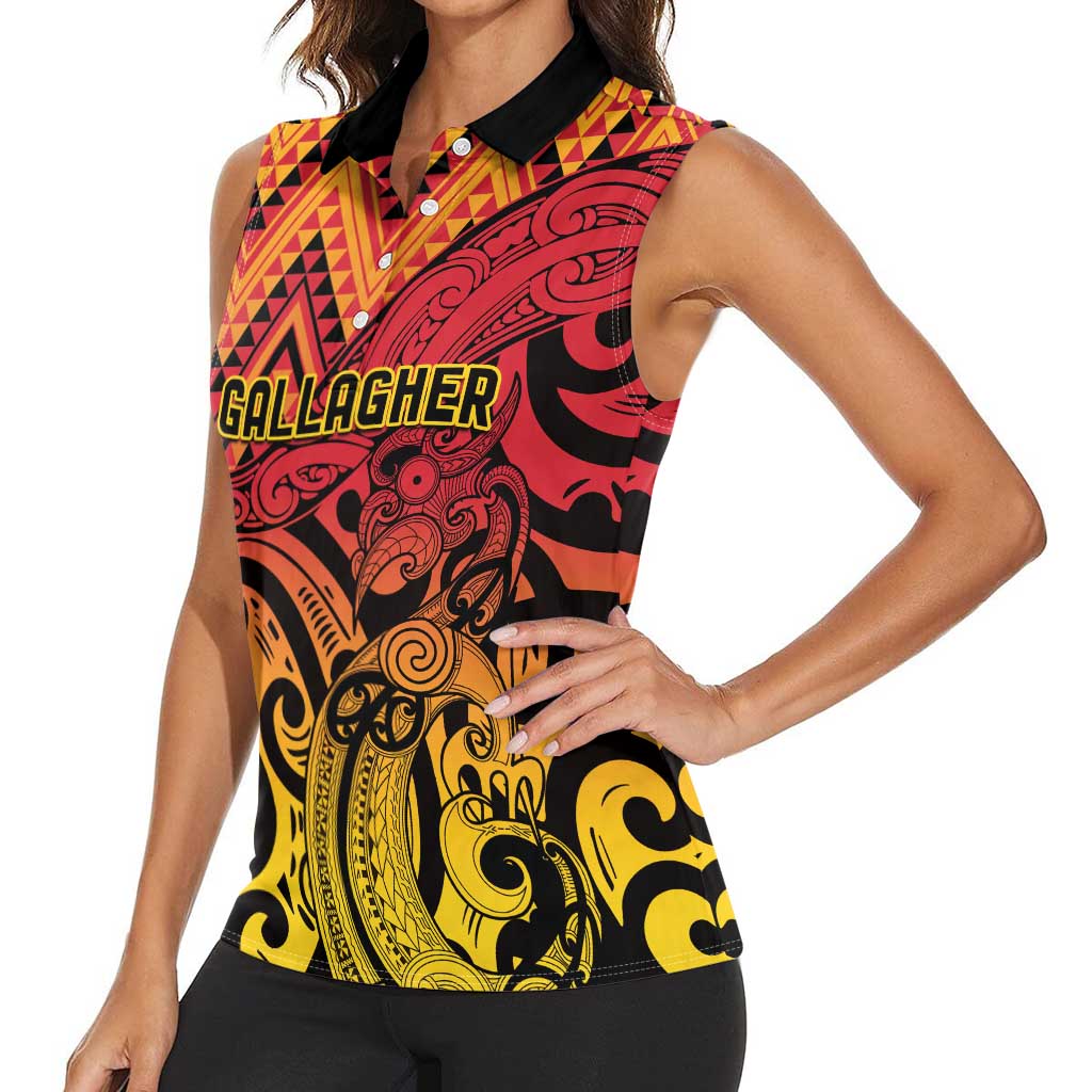 New Zealand Rangatira Custom Women Sleeveless Polo Shirt Red and Gold Niho Taniwha Maori Tribal LT9 - Polynesian Pride