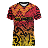 New Zealand Rangatira Custom Women V-Neck T-Shirt Red and Gold Niho Taniwha Maori Tribal LT9 Female Gold - Polynesian Pride