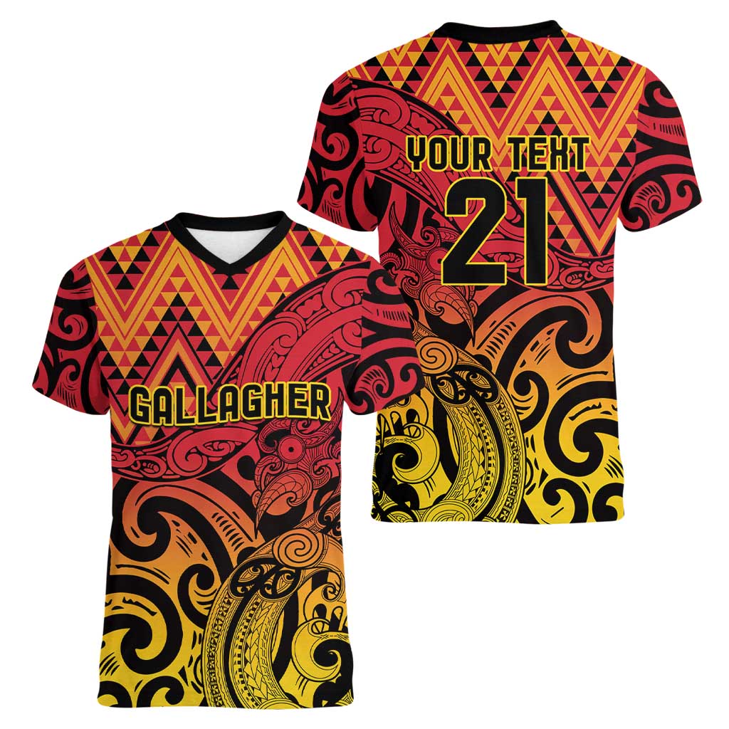 New Zealand Rangatira Custom Women V-Neck T-Shirt Red and Gold Niho Taniwha Maori Tribal LT9 - Polynesian Pride