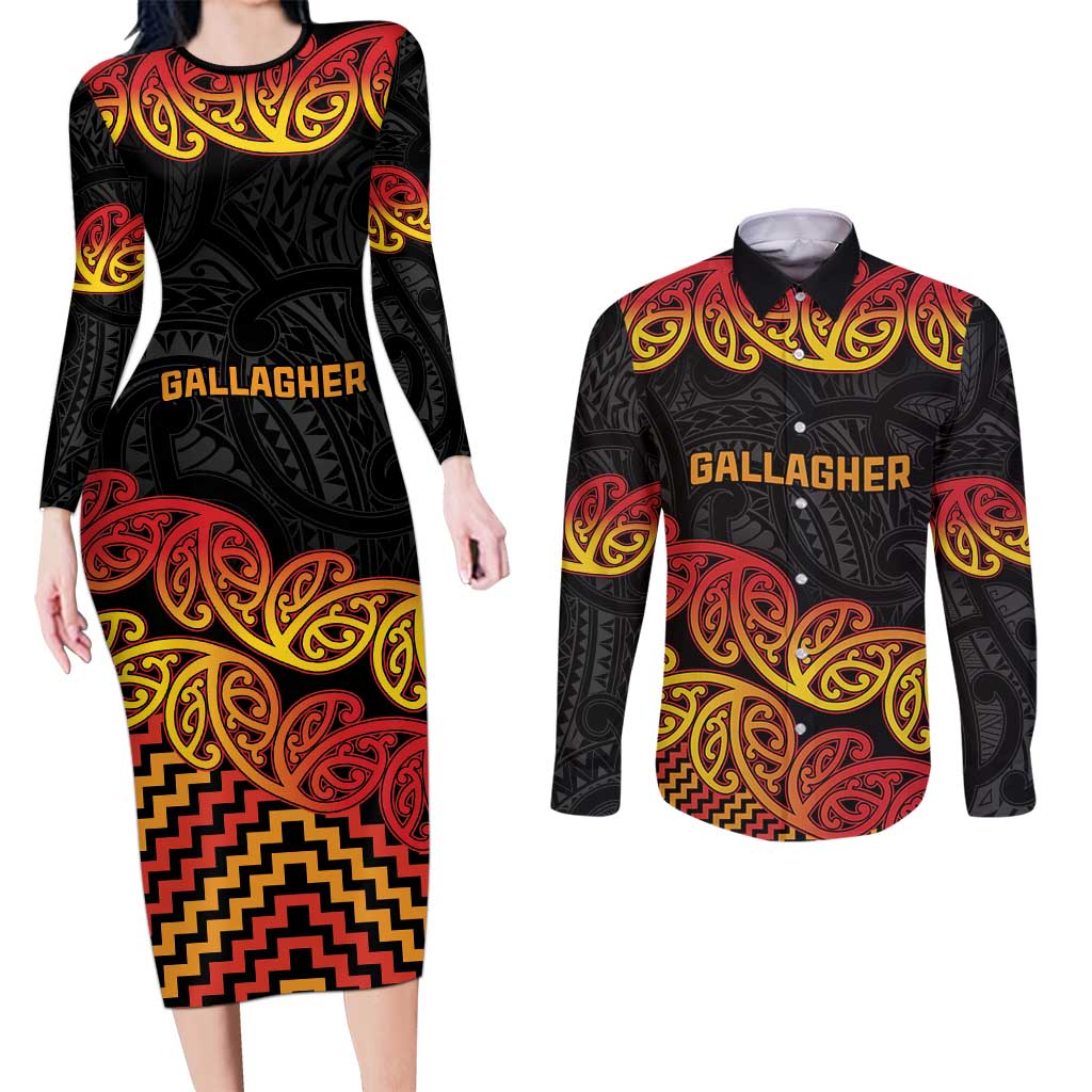 New Zealand Rugby Pacific Custom Couples Matching Long Sleeve Bodycon Dress and Long Sleeve Button Shirt Rangatira Maori Kowhaiwhai Pattern LT9 Gold - Polynesian Pride