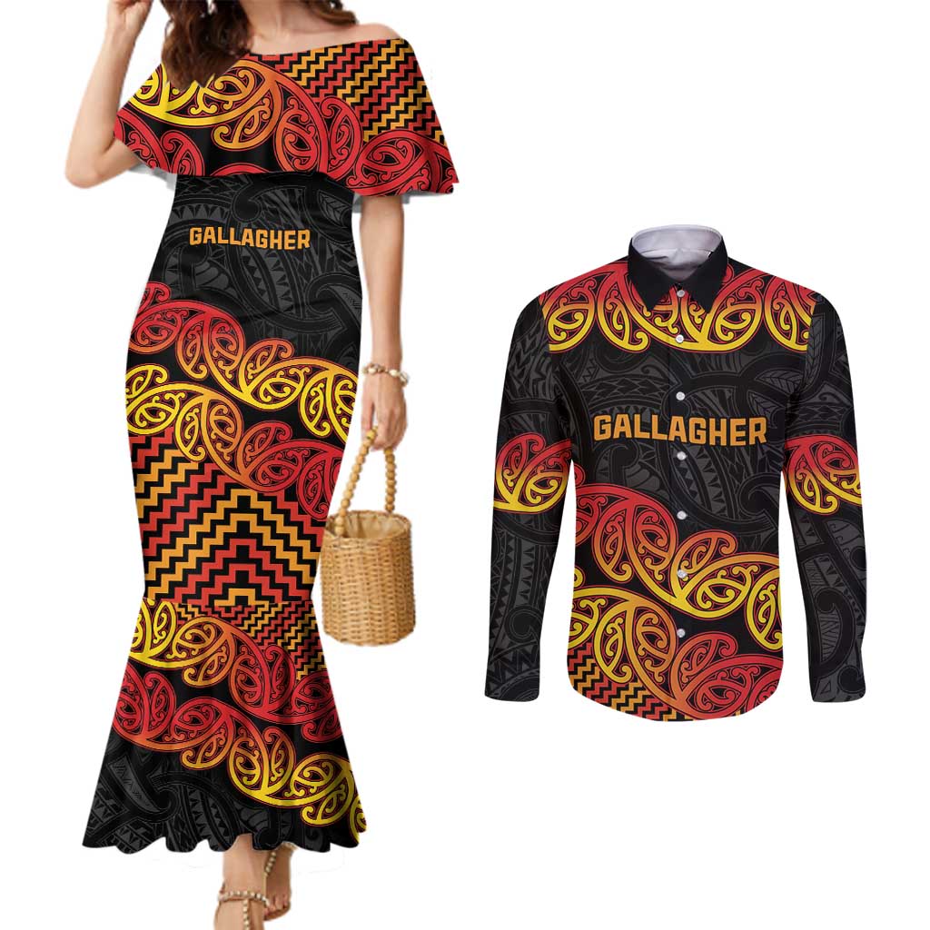 New Zealand Rugby Pacific Custom Couples Matching Mermaid Dress and Long Sleeve Button Shirt Rangatira Maori Kowhaiwhai Pattern LT9 Gold - Polynesian Pride