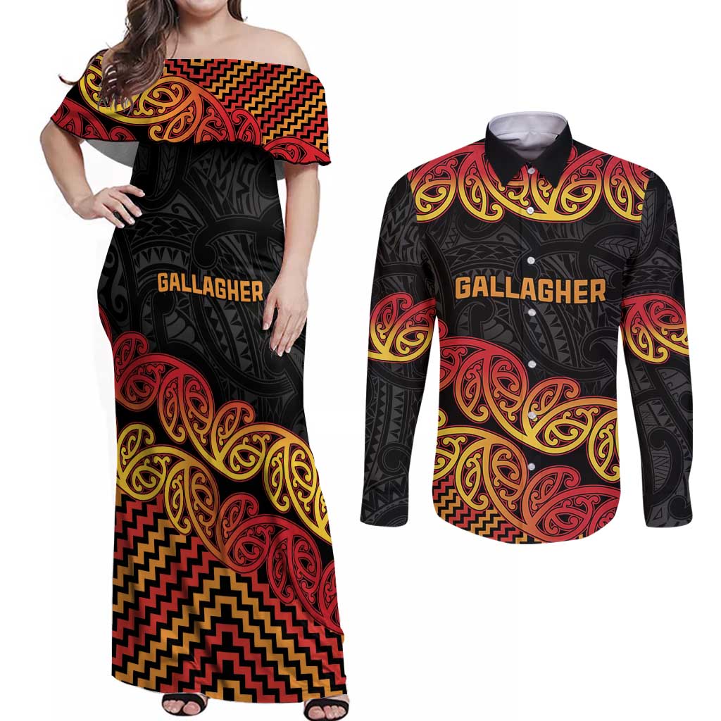 New Zealand Rugby Pacific Custom Couples Matching Off Shoulder Maxi Dress and Long Sleeve Button Shirt Rangatira Maori Kowhaiwhai Pattern LT9 Gold - Polynesian Pride