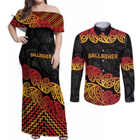 New Zealand Rugby Pacific Custom Couples Matching Off Shoulder Maxi Dress and Long Sleeve Button Shirt Rangatira Maori Kowhaiwhai Pattern LT9 Gold - Polynesian Pride