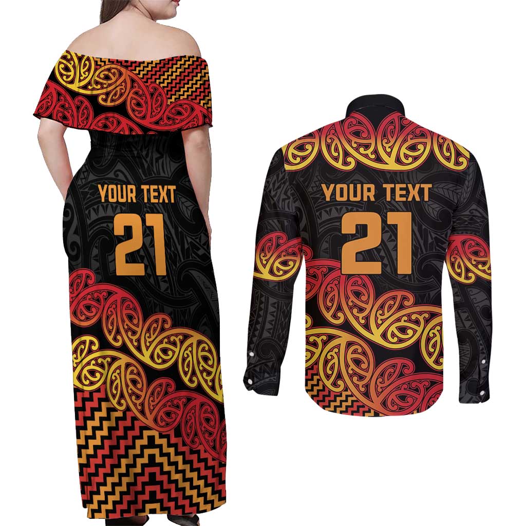 New Zealand Rugby Pacific Custom Couples Matching Off Shoulder Maxi Dress and Long Sleeve Button Shirt Rangatira Maori Kowhaiwhai Pattern LT9 - Polynesian Pride