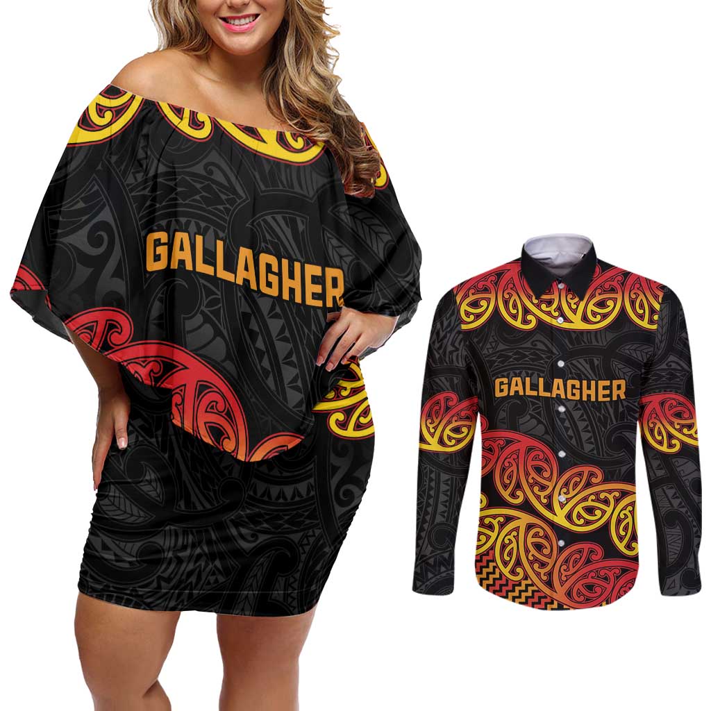 New Zealand Rugby Pacific Custom Couples Matching Off Shoulder Short Dress and Long Sleeve Button Shirt Rangatira Maori Kowhaiwhai Pattern LT9 Gold - Polynesian Pride