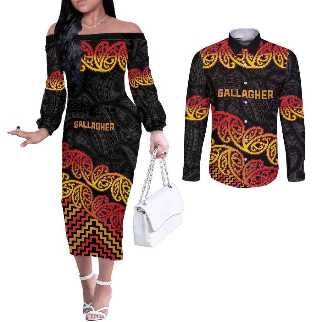 New Zealand Rugby Pacific Custom Couples Matching Off The Shoulder Long Sleeve Dress and Long Sleeve Button Shirt Rangatira Maori Kowhaiwhai Pattern LT9 Gold - Polynesian Pride