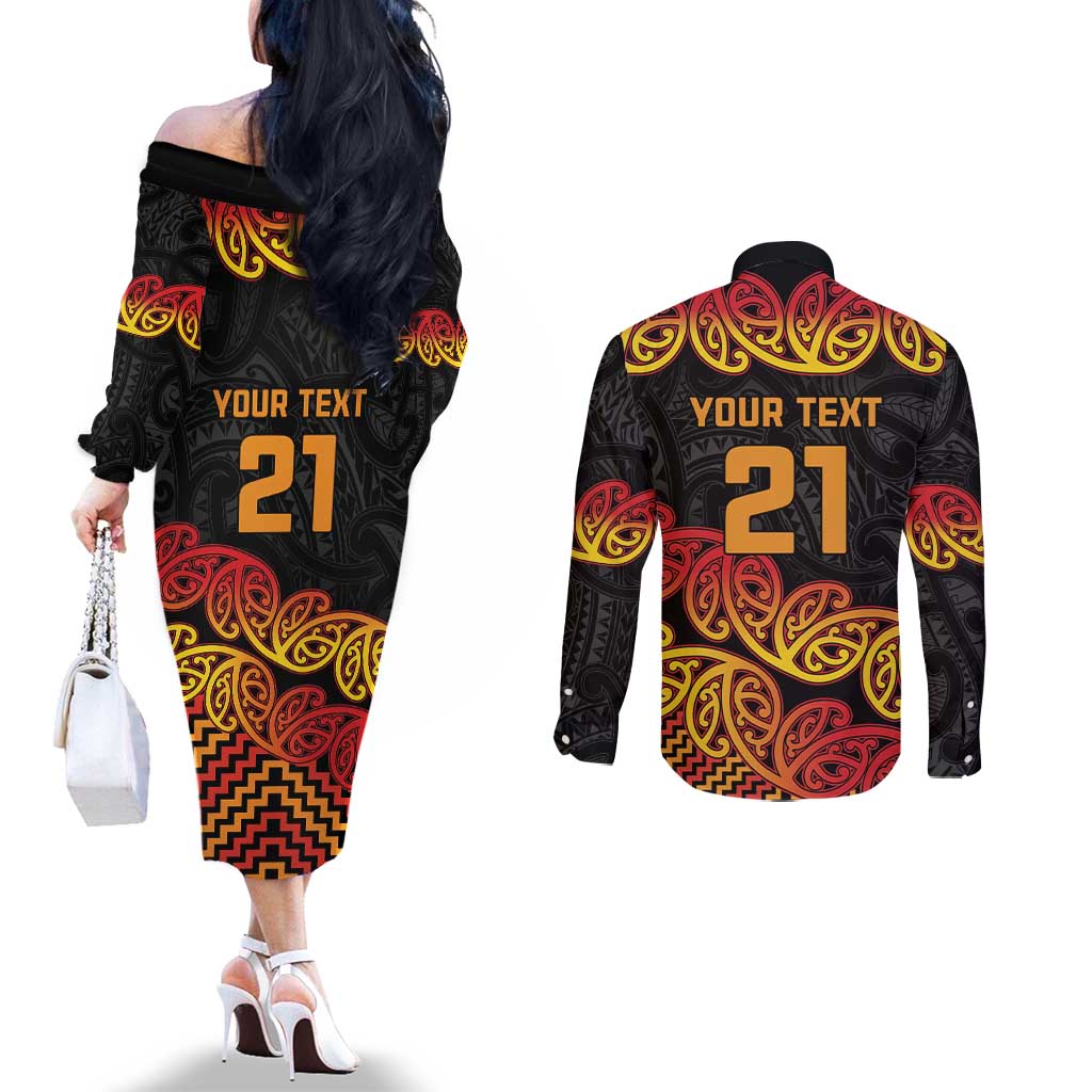 New Zealand Rugby Pacific Custom Couples Matching Off The Shoulder Long Sleeve Dress and Long Sleeve Button Shirt Rangatira Maori Kowhaiwhai Pattern LT9 - Polynesian Pride