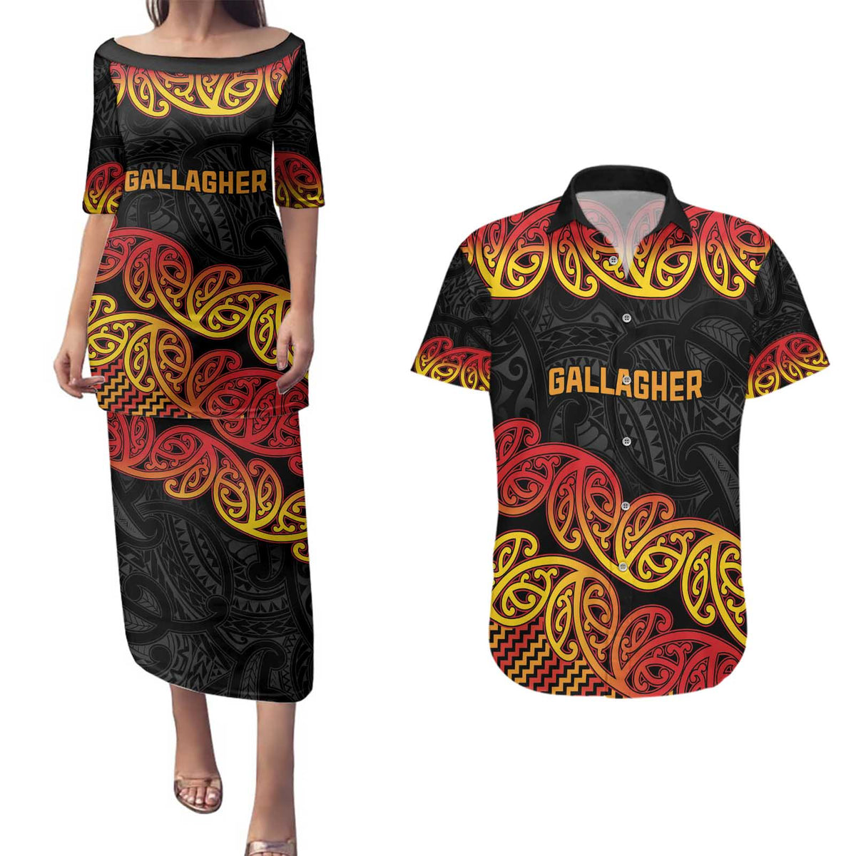 New Zealand Rugby Pacific Custom Couples Matching Puletasi and Hawaiian Shirt Rangatira Maori Kowhaiwhai Pattern LT9 Gold - Polynesian Pride