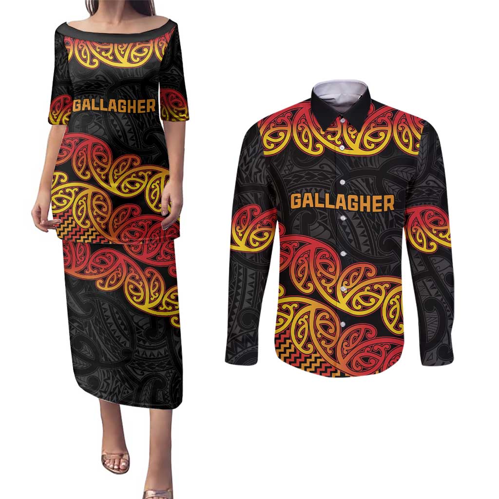 New Zealand Rugby Pacific Custom Couples Matching Puletasi and Long Sleeve Button Shirt Rangatira Maori Kowhaiwhai Pattern LT9 Gold - Polynesian Pride