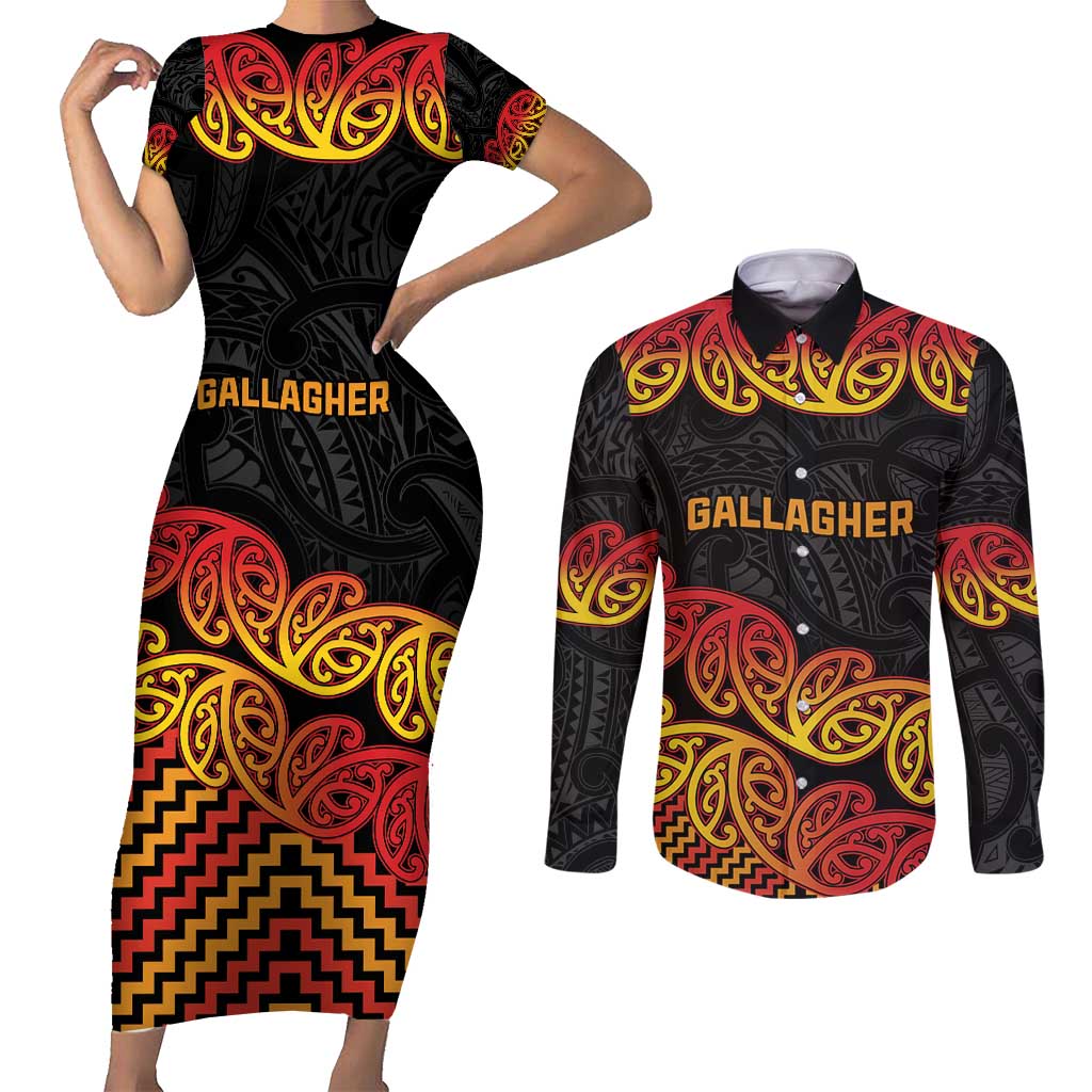 New Zealand Rugby Pacific Custom Couples Matching Short Sleeve Bodycon Dress and Long Sleeve Button Shirt Rangatira Maori Kowhaiwhai Pattern LT9 Gold - Polynesian Pride