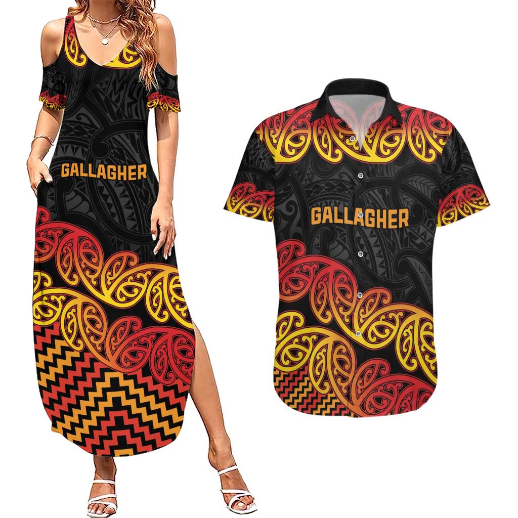 New Zealand Rugby Pacific Custom Couples Matching Summer Maxi Dress and Hawaiian Shirt Rangatira Maori Kowhaiwhai Pattern LT9 Gold - Polynesian Pride