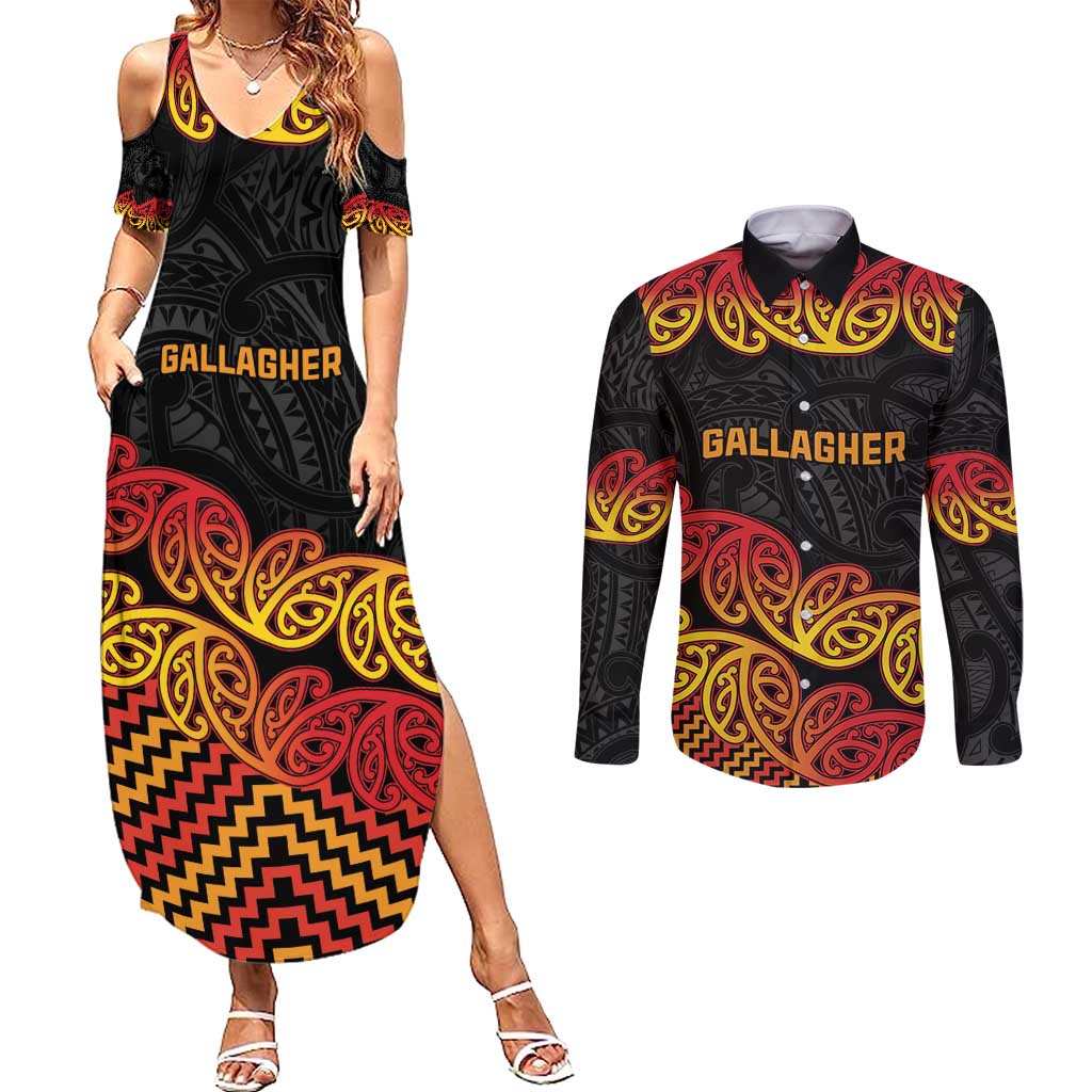 New Zealand Rugby Pacific Custom Couples Matching Summer Maxi Dress and Long Sleeve Button Shirt Rangatira Maori Kowhaiwhai Pattern LT9 Gold - Polynesian Pride