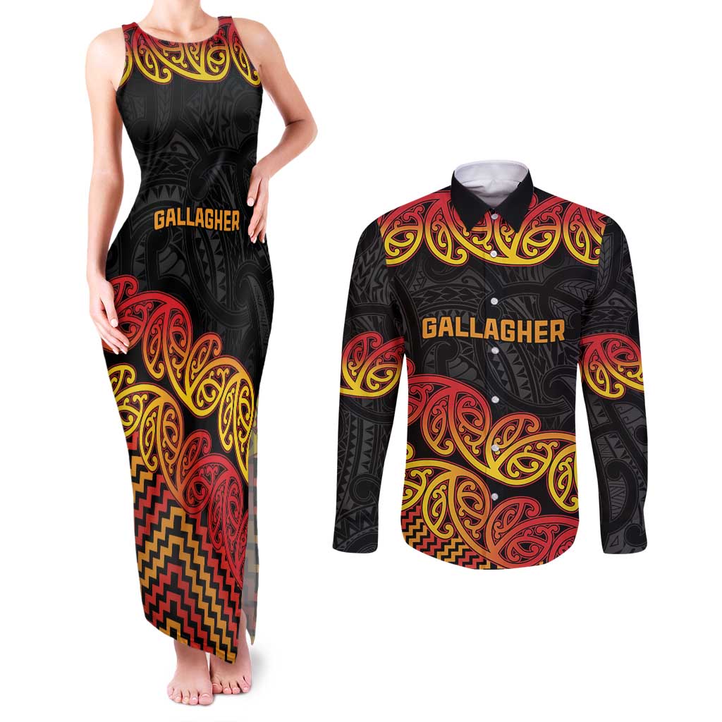 New Zealand Rugby Pacific Custom Couples Matching Tank Maxi Dress and Long Sleeve Button Shirt Rangatira Maori Kowhaiwhai Pattern LT9 Gold - Polynesian Pride