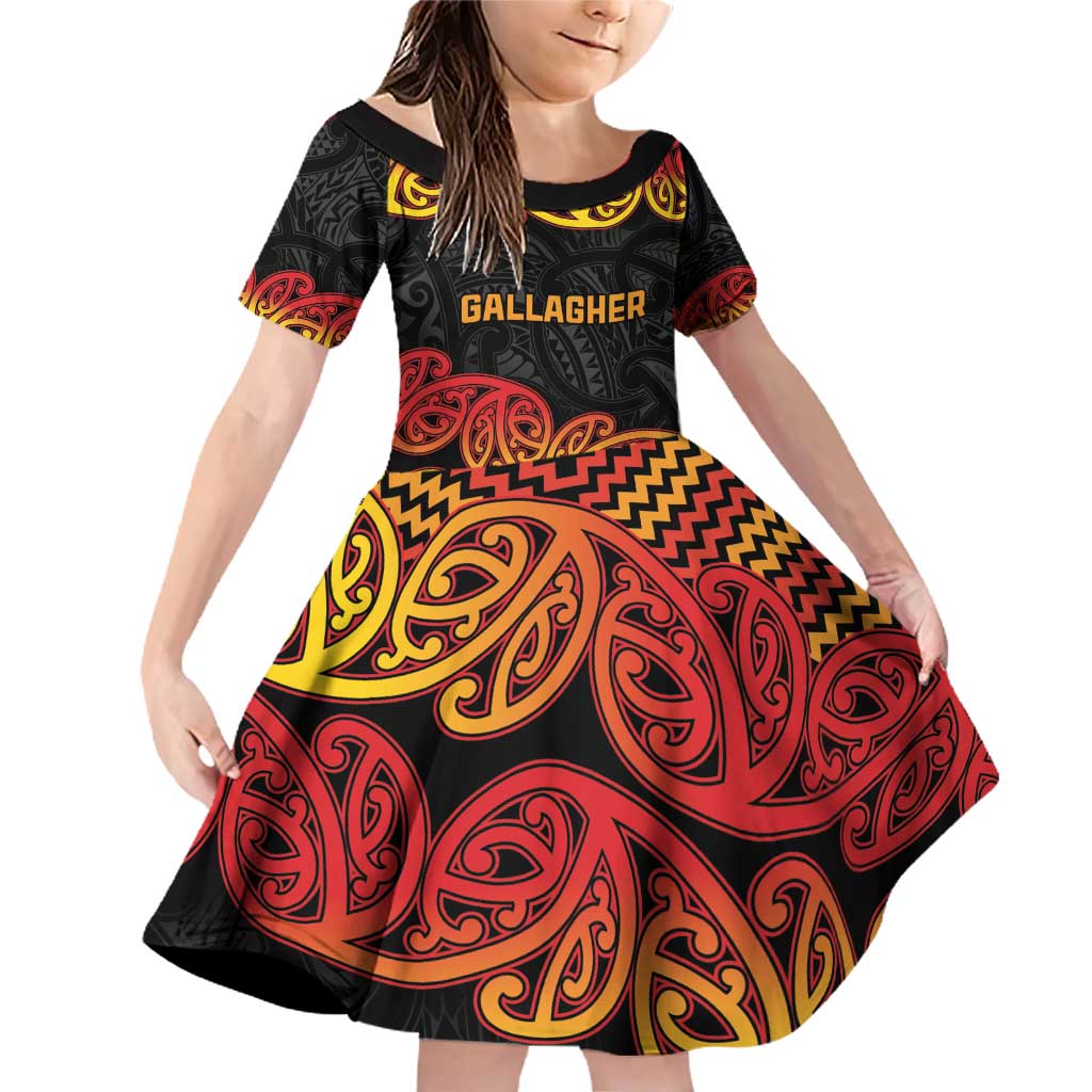 New Zealand Rugby Pacific Custom Family Matching Off Shoulder Short Dress and Hawaiian Shirt Rangatira Maori Kowhaiwhai Pattern LT9 Daughter's Dress Gold - Polynesian Pride