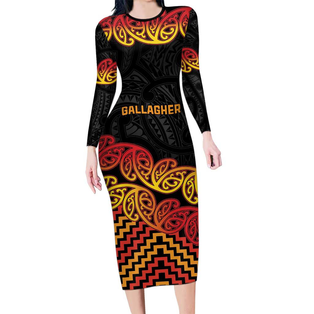 New Zealand Rugby Pacific Custom Long Sleeve Bodycon Dress Rangatira Maori Kowhaiwhai Pattern LT9 Long Dress Gold - Polynesian Pride